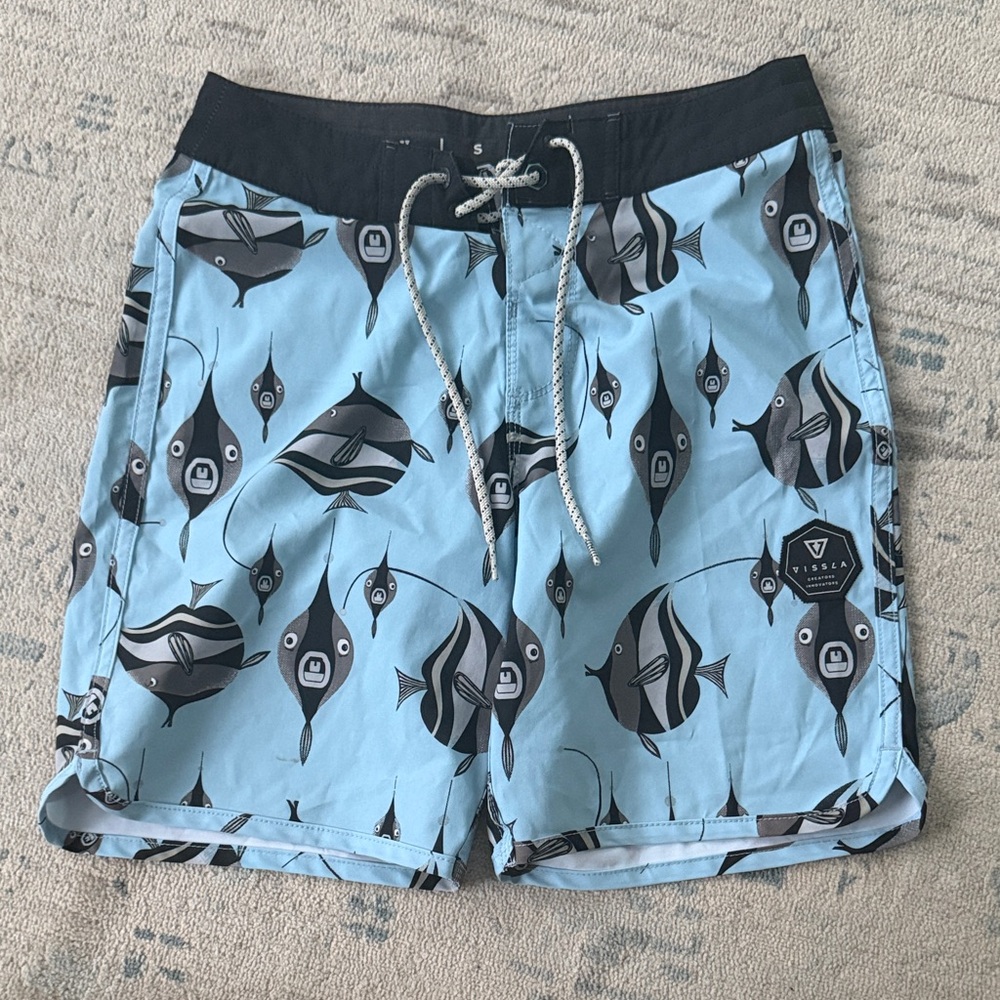 VISSLA Light Blue Fish Pattern Swim Shorts